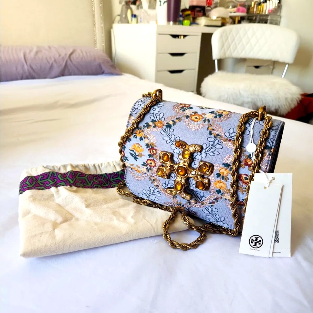 Tory Burch Eleanor Small Blue Brocade Convertible Women's Shoulder Bag